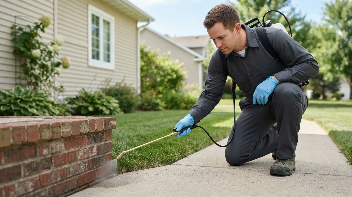 Pest control technician treating a home near Baldwin Place, NY